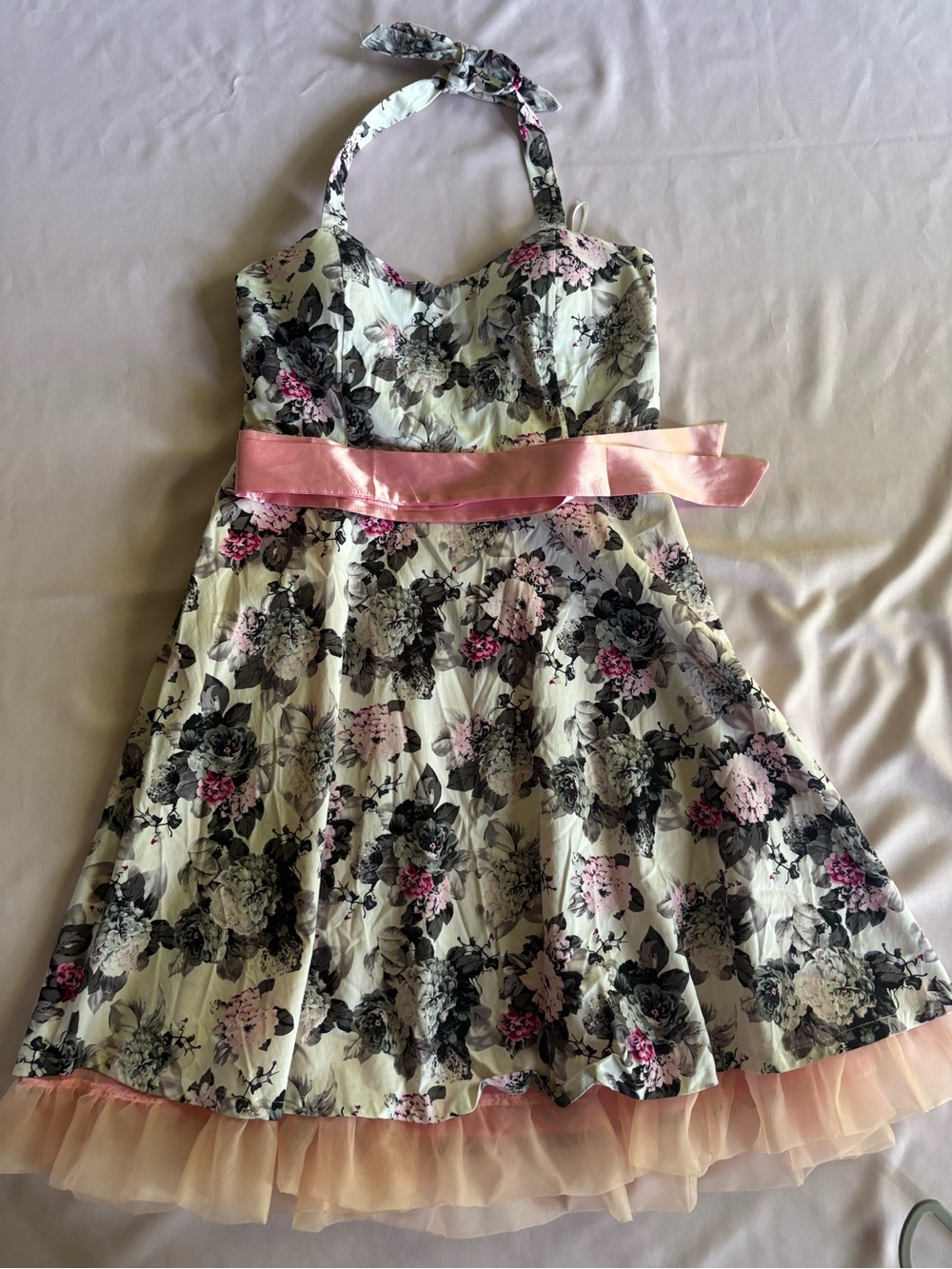 Floral Halter Midi Dress with Pink Sash